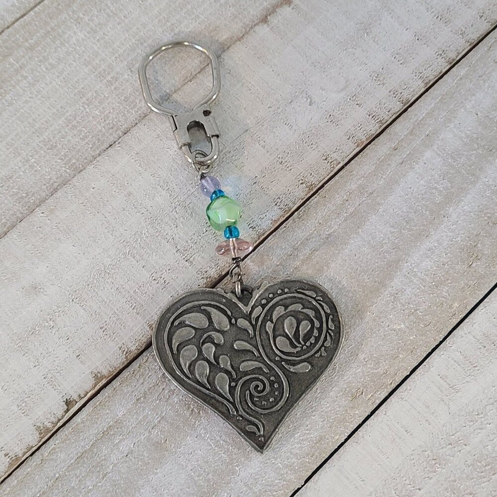 Cynthia Webb Oh Heart of Mine Pewter Keychain Glass Beads